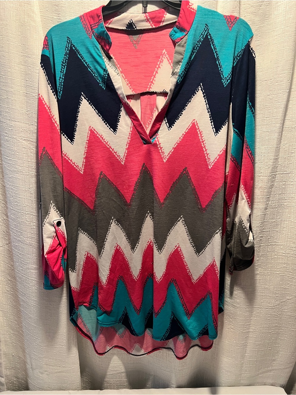 Chevron Split-Neck Tunic in Pink, Teal & Navy PLUS SIZE X-LARGE